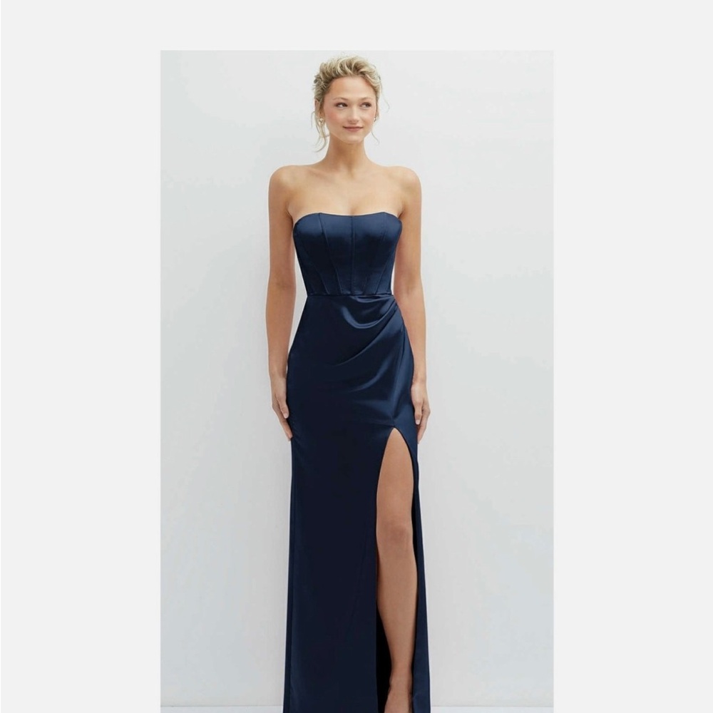 Elegant Midnight Navy Strapless Topstitched Corset Satin Maxi Dress